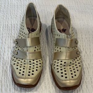 Rieker Cream and Metallic Gold Perforated Slip-On Loafers